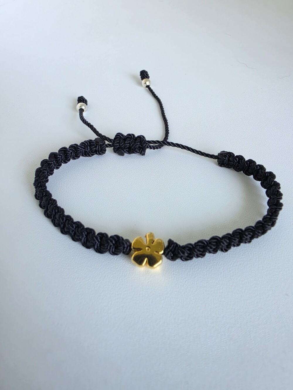 Handmade Black Macrame Bracelet Gold Flower Adjustable Friendship Bracelet